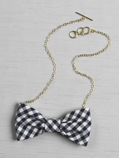 Gigham Bow Tie Necklace, Navy