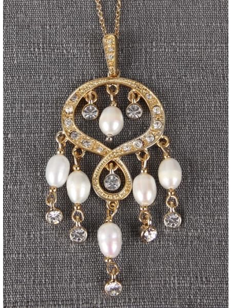 Rhinestone & Pearl Chandelier Pendant Necklace 