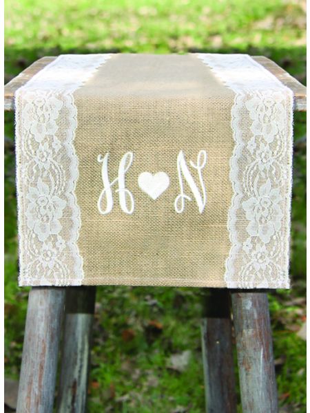 Initials w/Heart Embroidered Burlap Table Runner w/Wide Lace Edge