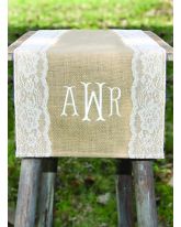 Monogram Embroidered Burlap Table Runner w/Wide Lace Edge