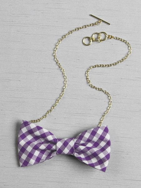 Gigham Bow Tie Necklace, Purple