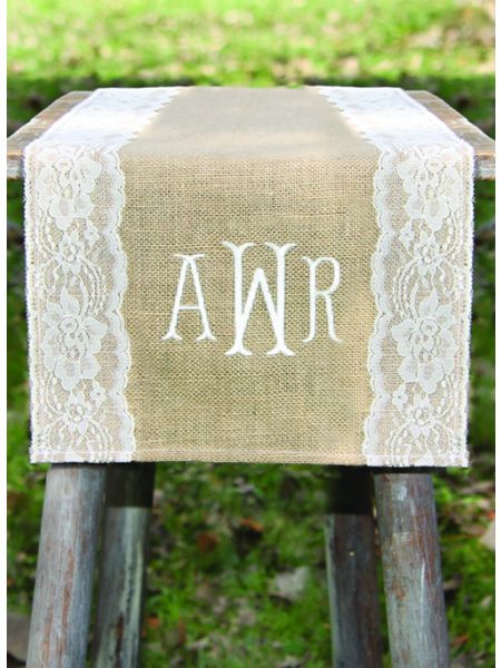 Monogram Embroidered Burlap Table Runner w/Wide Lace Edge